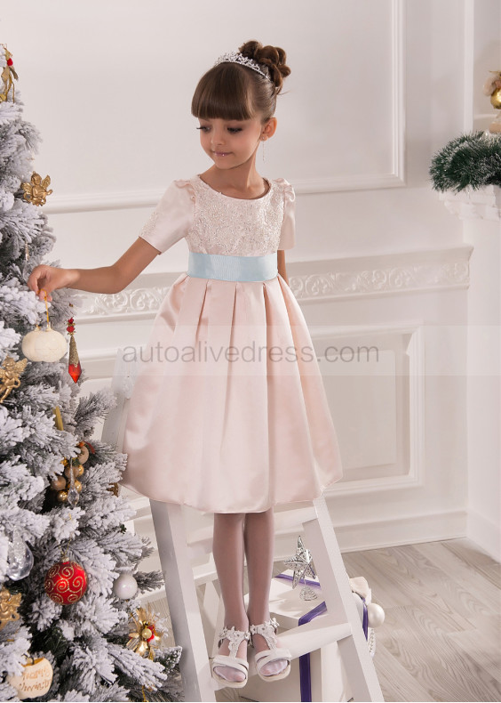 Pink Twill Satin Beaded Knee Length Flower Girl Dress